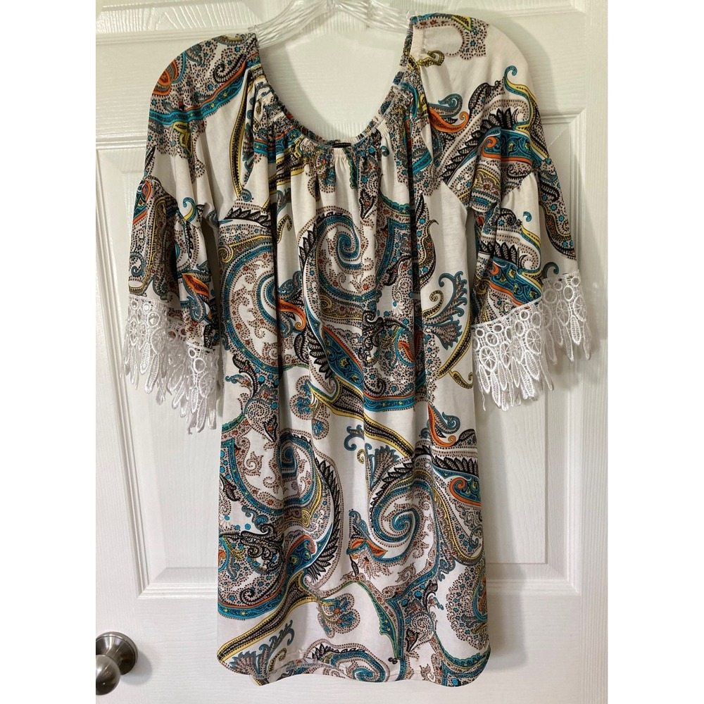 WinWin Women's Tunic Top L/XL Paisley  Print Lace Accent Boho Gypsy Pre-Owned